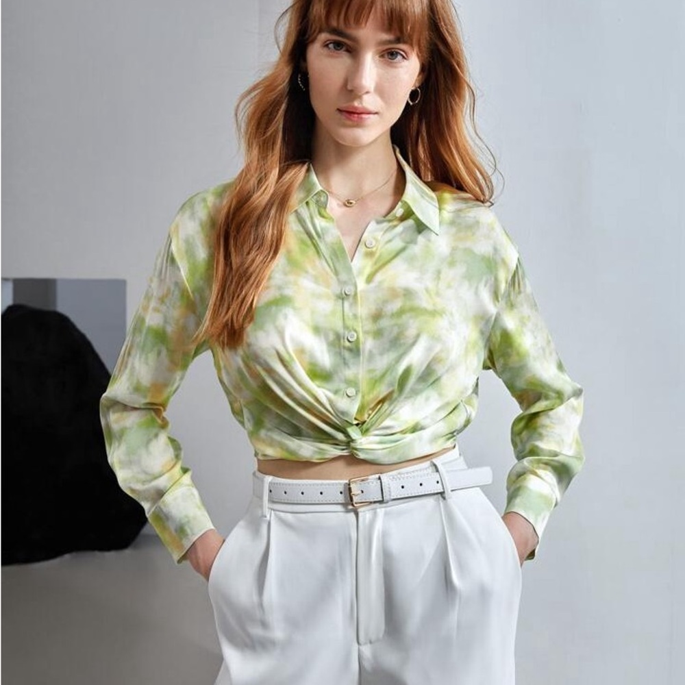 MOTF Green and White Long Sleeve Crop Button Down Shirt